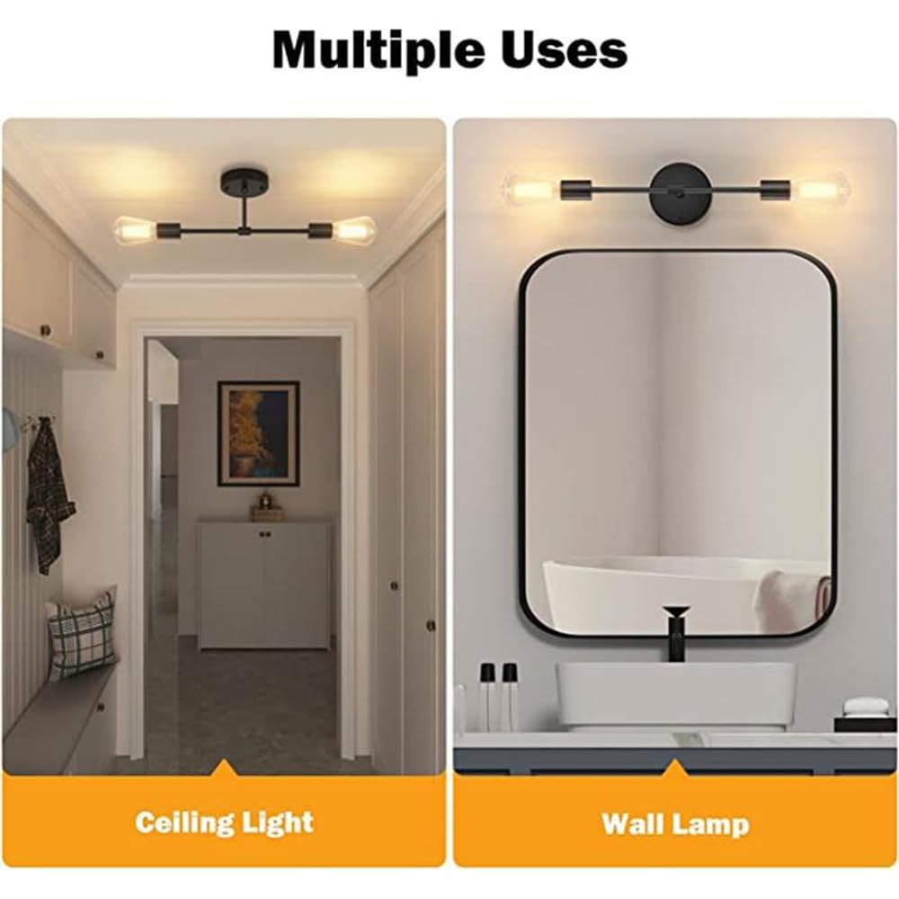 Applique Da Parete Vintage Industriale - 2 Luci, E27, Nero, Per Bagno, Camera Da Letto E Interni - Foto 3