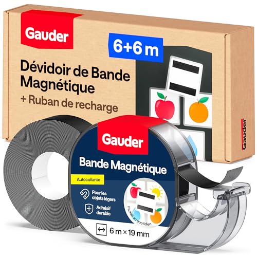 GAUDER Bande Magnétique avec Distributeur - Ruban Magnétique Autocollant pour Objets Légers - Ruban Aimanté à Découper pour Cartes Postales & Photos sur...
