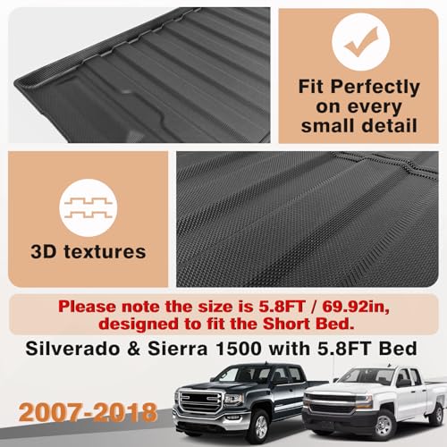 Image of TripleAliners Truck Mat Compatible with 2007-2018 Chevy Silverado /GMC Sierra 1500 5.8FT Accessories, Truck Bed Mat Heavy Duty Custom Fit All Weather Protection TPE Pickup Liner, 2007 New Body Only