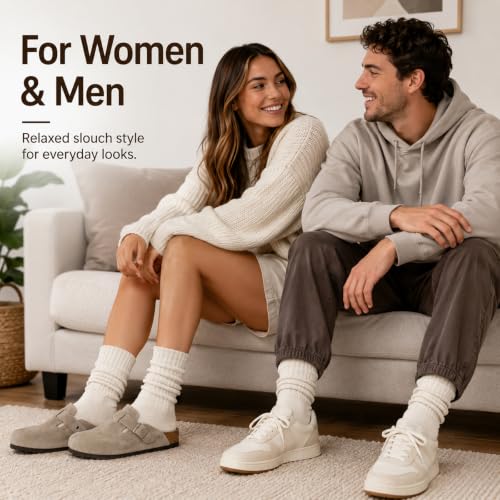 Image of 3 Pairs Slouch Socks for Women & Men, Ribbed Scrunch Crew Socks | 3-pair cotton-rich ribbed slouch socks for women and men, thick scrunch crew socks for boots, sneakers and lounging.