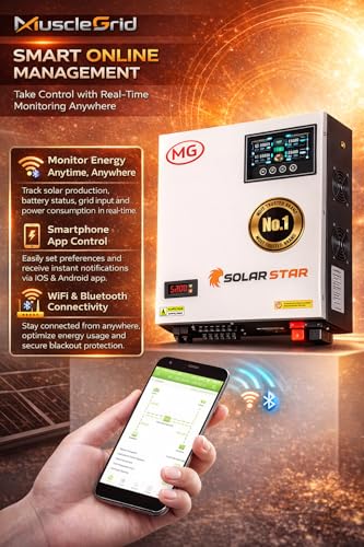 Image of MuscleGrid Solar Star 6.2kW Hybrid Solar Inverter, 48V DC, Pure Sine Wave, Smart Temperature Control, WiFi + Bluetooth Monitoring, Supports Lithium & Lead Acid Batteries
