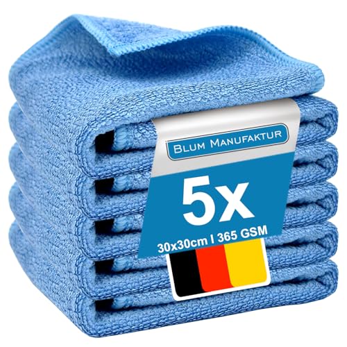 BLUM MANUFAKTUR 5er Set Mikrofasertuch (30x30 cm) - 5X Mikrofasertücher - Super Soft 365 GSM Reinigungstücher für Auto, Bad, Küche