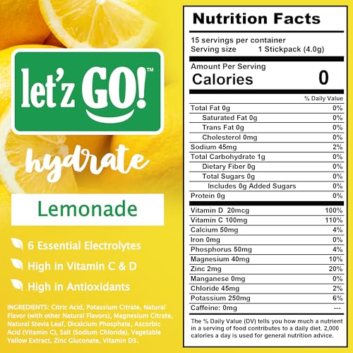 Let'z Go! Hydrate - Electrolyte Drink Mix - Hydration + Electrolytes + Antioxidant Powder Packets, Natural Flavors, Vitamins C + D | No Sugar | No Calories | (15 Count) Lemonade - Pack of 2 — view 2