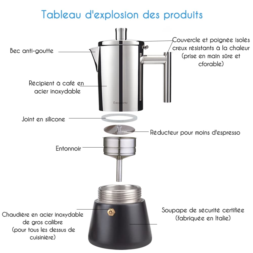 Easyworkz Diego Cafetière italienne en acier inoxydable pour 10-12 tasses 520 ml Pour induction à gaz et tous les types de cuisinières,Noir
