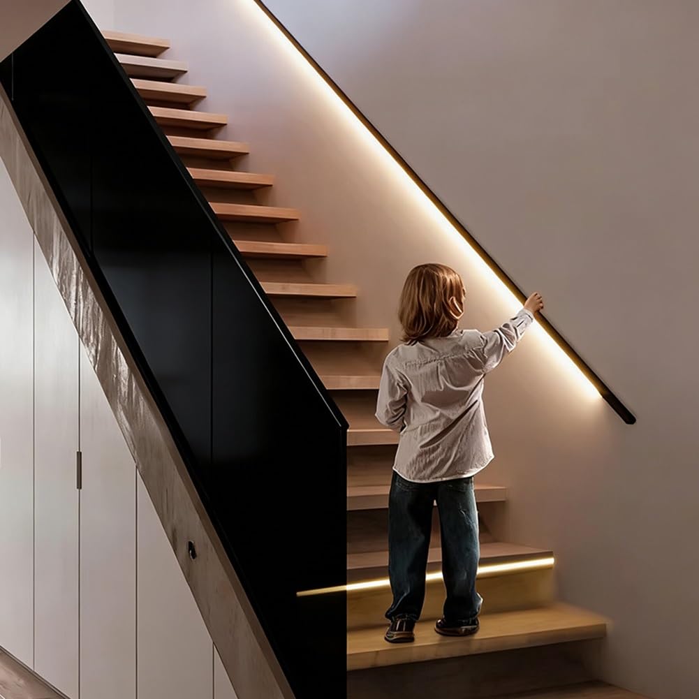 Gzhervices Black Led Stair Handrail, Aluminum Stair Railing, Illuminated Square Handrail, Wall-Mounted Stair Handrail Railing, Suitable For Outdoor Decks And Indoor Stairs, (1M)