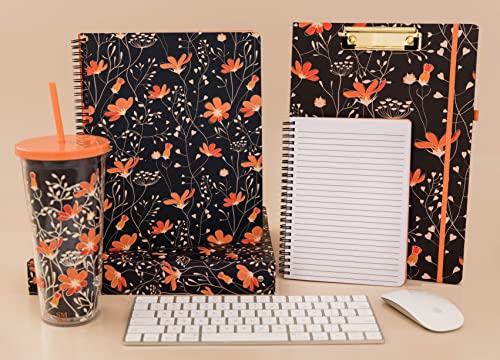 Steel Mill & Co Cute Clipboard Folio with Refillable Lined Notepad and Interior Storage Pocket, Navy Blue Padfolio for Work, Floral Vines