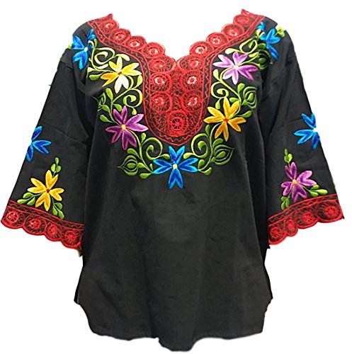 Mexican Flowers Colorful Women Blouse Made in Yucatan Black/Red (Large)