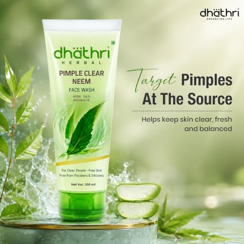 Image of Dhathri Pimple Clear Neem Facewash | Best Face Wash for Pimples | Reduces Acne and Cleanses Pores | Soap and Mineral Free Neem Tulsi Facewash | 200 ml