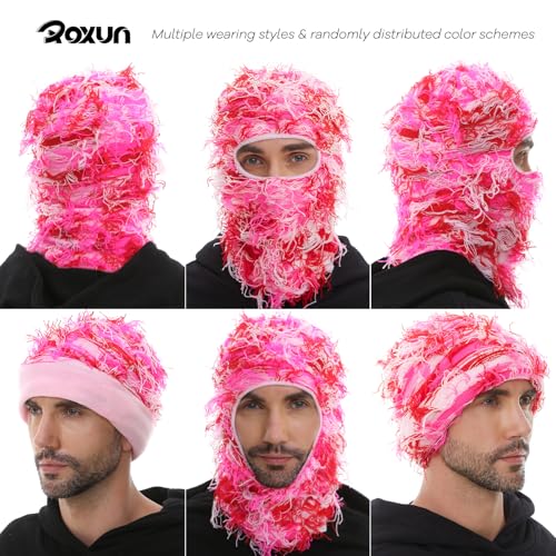 Image of ROXUN Distressed Ski Mask Balaclava, Yeat Shiesty Fluffy Knitted Full Face | Highly stretchy construction