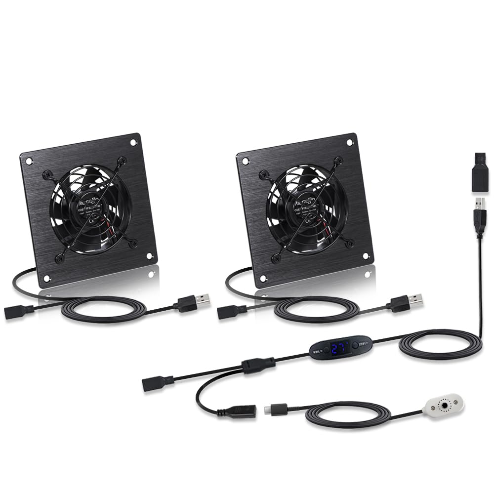 Xiaoqijia Dual 80mm Temperature-Controlled USB/DC Silent Cooling Fan - 5V/12V Dual Voltage,4-Inch, 10-Speed Adjustable - for AV Cabinets, Server Racks