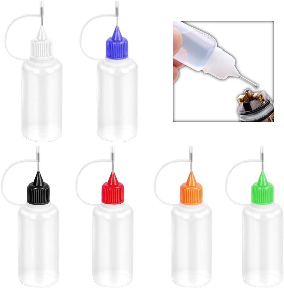 6 Pcs Precision Needle Tip Applicator Bottle - 6 Translucent Bottles and 6 Colored Tips for Henna Tattoo Cone,Small Gluing Projects,DIY Quilling Craft, Acrylic Painting,0.35 oz/10ml