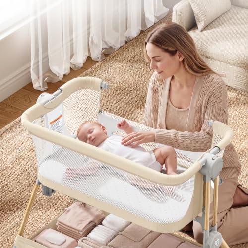 Image of ANGELBLISS Baby Bassinet, 3-in-1 Bedside Sleeper, One-Click Foldable Crib