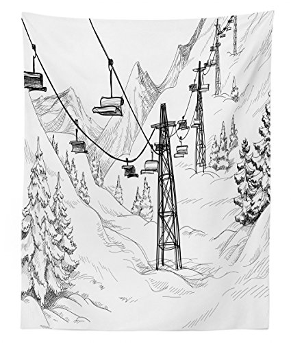 Lunarable Winter Tapestry Twin Size, Ski Lift with Fir Trees Monochrome Seasonal Holiday