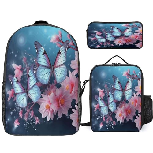 Printed Backpack With Lunch Pack Storage Box Case Butterfly Blossoms 3pcs Lightweight Travel Backpack