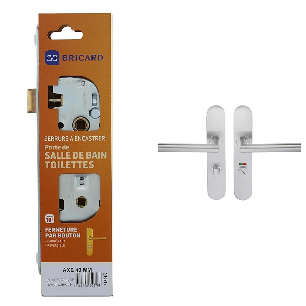 Serrure Bricard 2676 electrozinguée et poignées inox Tempo Pop avec voyant pour porte WC