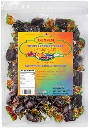 Takam Lavashak Fruit Leather Sour Candy Fruit Snack 32oz Sweet Sour Persian Style Natural Fruit Leather Taffy Bite Size Individually Wrapped in Resealable Bag - 2 Pounds