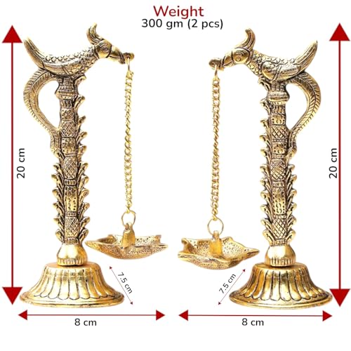 Image of Kridaykraft Parrot Design Metal Hanging with Chain Diya Pair of Parrot Design Bird Diya Deepak Oil Lamp Metal Gold Finish