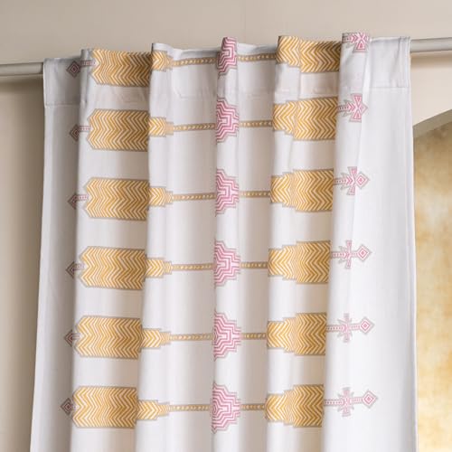 Image of Tranquebar Curtain Co. Window Curtains 5 Feet, 60-65% Room Darkening,Pink-Yellow Geometric Print,Cotton Curtains for Window, Cotton Curtains 5 Feet Long Set of 2, BackTab Loops,Tavi (152 cm)-Set of 2