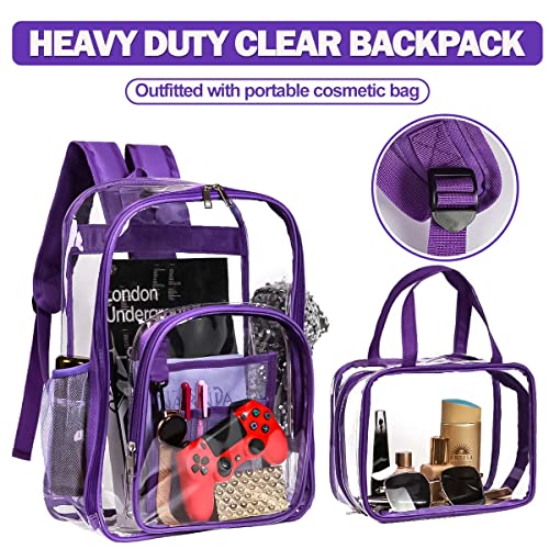 2 Pieces Heavy Duty Clear Backpack, Purple Pvc Waterproof Bag With Cosmetic Bag, See Through Book Bag With Lunch Bag, Stadium Approved, Reinforced Strap, School, Work, Women, Men #TOP1