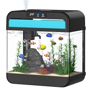 Fish Tank Small Aquarium 2.2 Gallon Fish Bowl with Humidifier 7 Color Auto-Looping Light 3 in 1 Quiet Pump with Filteration & Oxygenation & Circulation, Temperature Display, HD Glass, Thickened Base