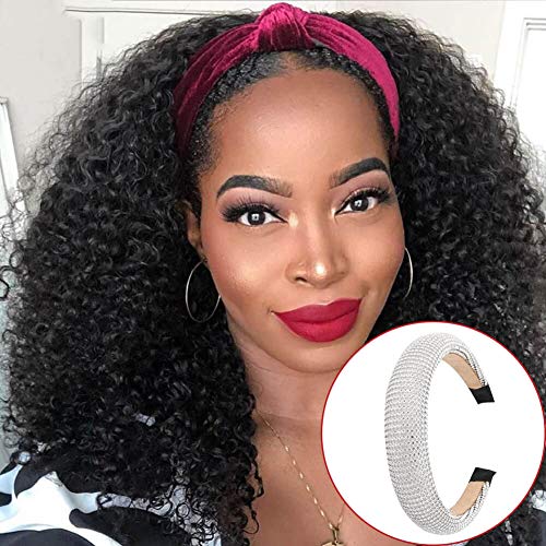 Afro Headband Wig Kinky Curly Human Hair Wig with Bangs None Lace Front Wigs for Black Women 10A Brazilian Virgin Hair Curly Headband Wig Wet and Wavy 180% Density (20 Inch)