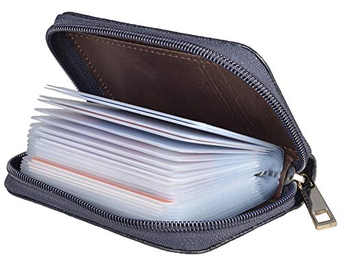 Image of Easyoulife Genuine Leather Credit Card Holder Zipper Wallet with 26 Card Slots (Dark Blue)