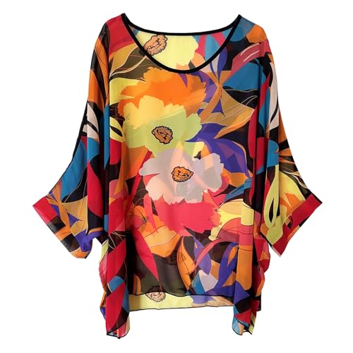 Women's Loose Batwing Blouse Chiffon Top Camouflage Printed Kimono Poncho Tunic Kaftan Cover up