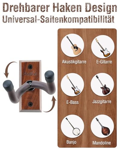 Musbeat Gitarrenhalter für Die Wand, Gitarren Wandhalterung, Wandhalterung Gitarre für Akustikgitarre, E-Gitarren, E-Bass, Schwarze Walnuss Holz Gitarrenhalt Wand, 2 Stück