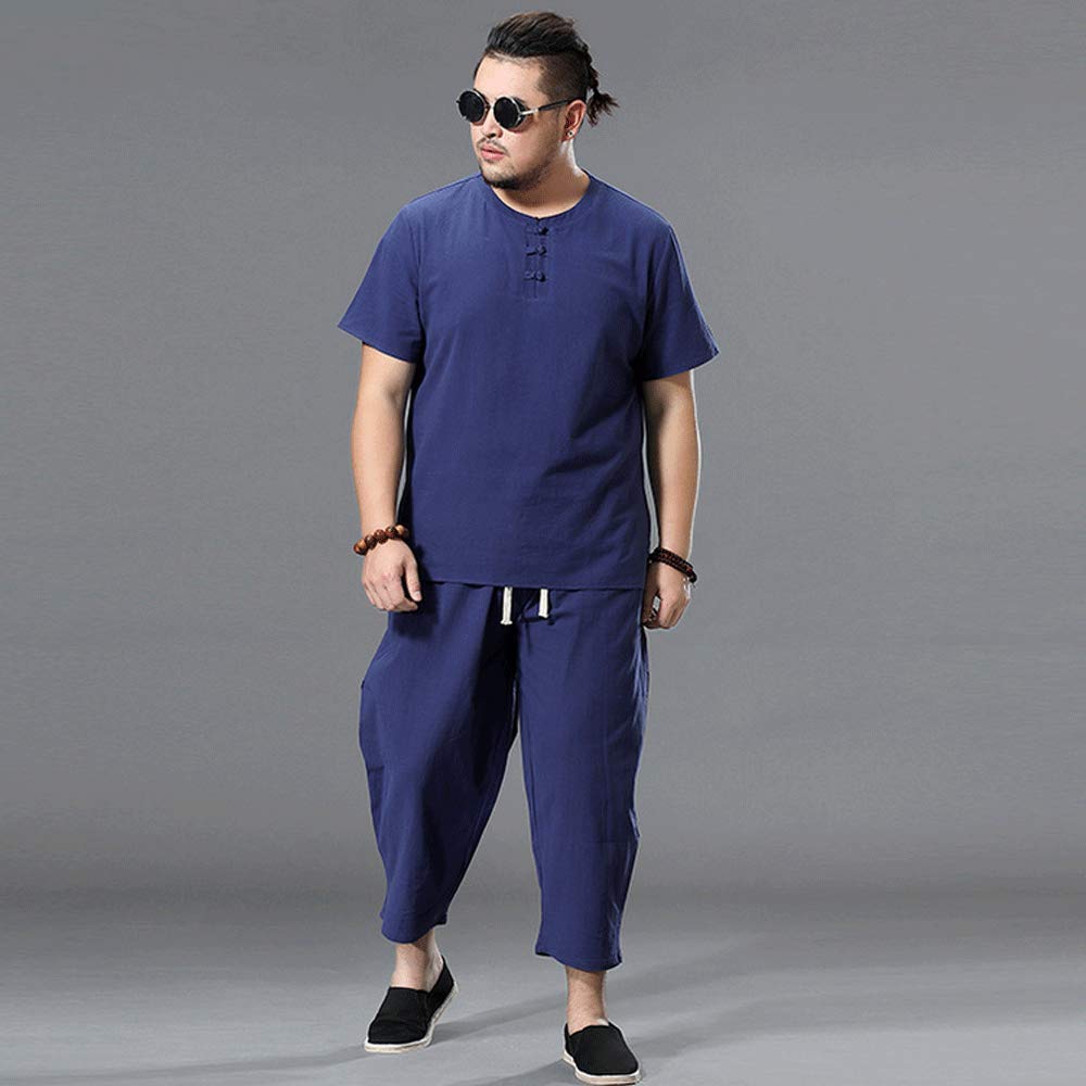 Tai Chi Anzug Tang Anzug Baumwoll- Und Leinenanzug Männlicher Chinesischer Stil Kurzärmeliges T-Shirt Trend Hanfu National Style,L-Blue