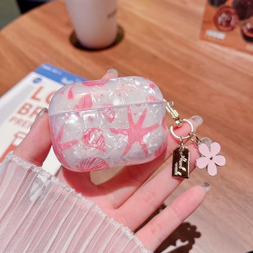 Image of MINSCOSE for AirPods Pro 2nd /1st Generation Case,Cute Glitter Seashell and Starfish Pattern Design with Folral Keychain,Soft TPU Protective Cover for Girls Women for AirPods Pro /Pro 2-Pink