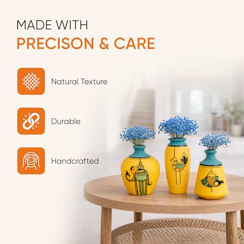 Image of Aakriti Art Creations Terracotta Vases Set of 3 | Hand Painted Yellow Madhubani Art Flower Vases Matte Finish Decorative Vases for Home Decor & Gifting