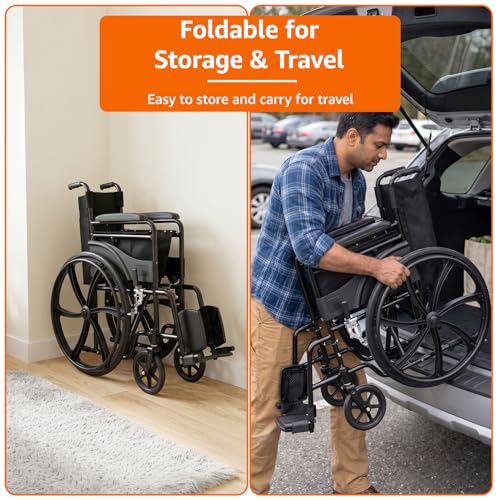 Image of Amazon Basics Foldable Wheelchair | Adjustable Armrests & Footrests | Comfortable Cushioned Seat | Steel Frame | Easy to Manoeuvre for Indoor & Outdoor Use | Elderly & Patient Care