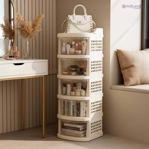 Image of PrettyKrafts 5 Tier Plastic Storage Drawer Cabinet with Wheels /Modular Storage Drawer Organizer with Side Basket & Integrated Handle /Plastic Storage Trolley Rack for Home /Kitchen /Office /Books