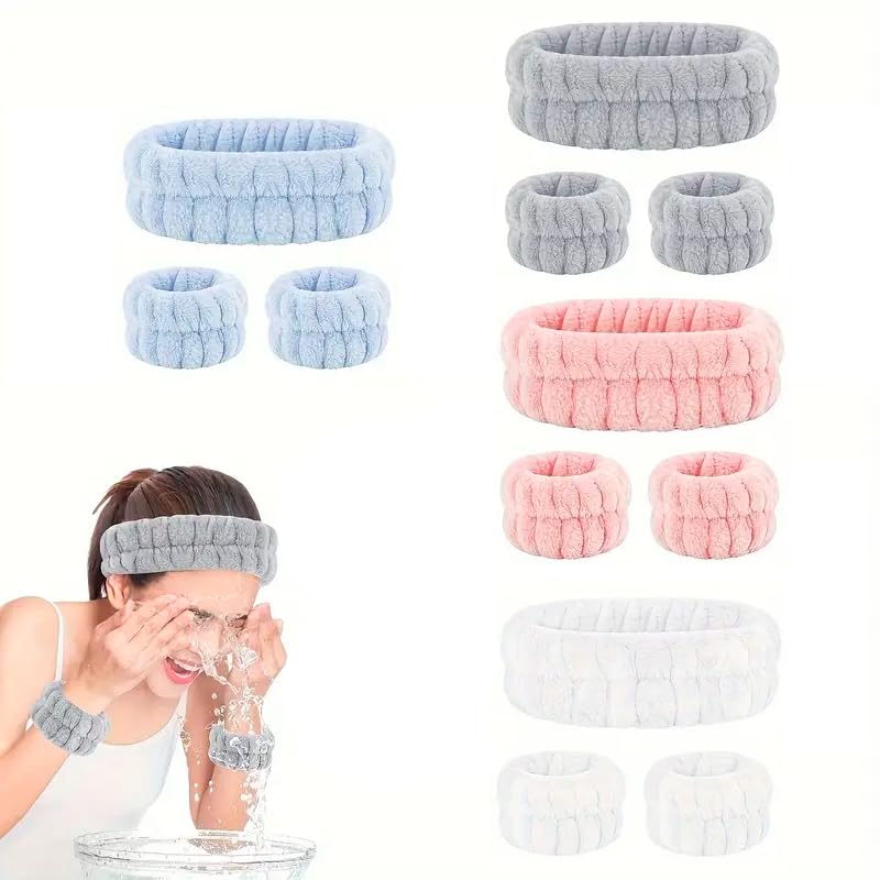 Set de diadema facial y muñequeras absorbentes de spa, banda spa para el cabello, cintillo de belleza, rutina facial, maquillaje y rutina de belleza, lavado de cara (Pack)