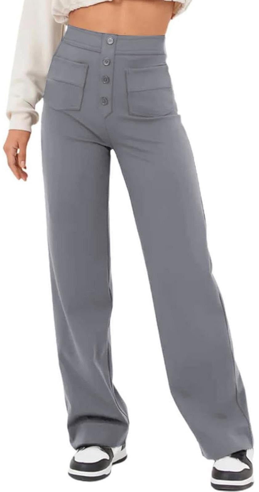 AIFARLD Straight Leg Pants for Women Flexipants High Waisted Button Stretchy Trousers Multiple Pockets Business Work Casual