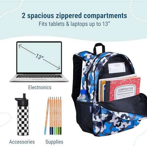 Image of Wildkin 15 Inch Backpack for Kids, Blue Camo | Ages 5-10, padded straps, side water bottle pocket - coordinates with matching Wildkin lunch boxes