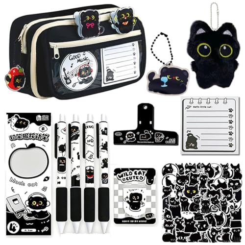 BTGVOY Cute Cat Black Pencil Case Gift Set for Teen Girls Stickers Ballpoint Pen Clips Sticky Note Pendant Plush Keychain for Cat Lover Birthday Gifts
