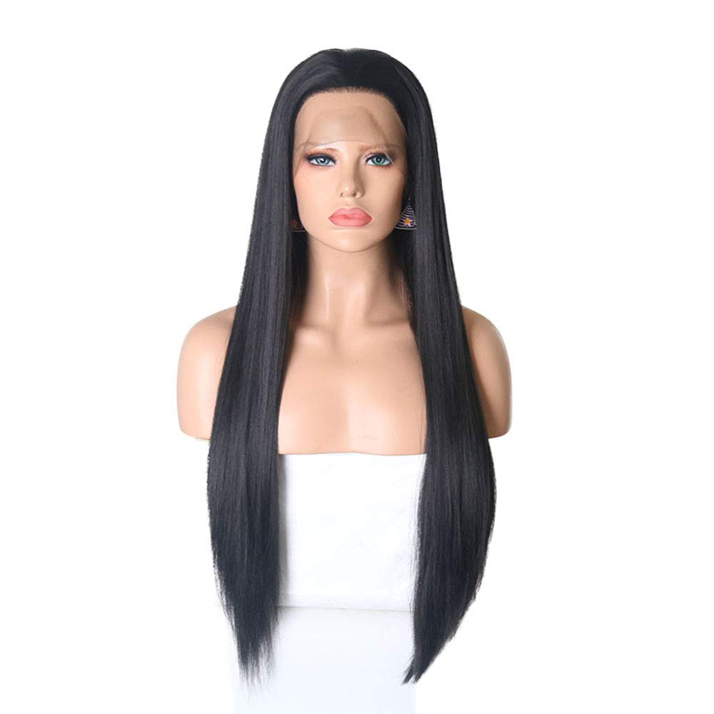 RDY Long Silky Straight Synthetic Lace Front Wigs for Women #1B Black Color Heat Friendly Fiber Pre Plucked Wig with Natural Hairline Middle Parting 150% Density Hair Repalcement Wig 24 Inches
