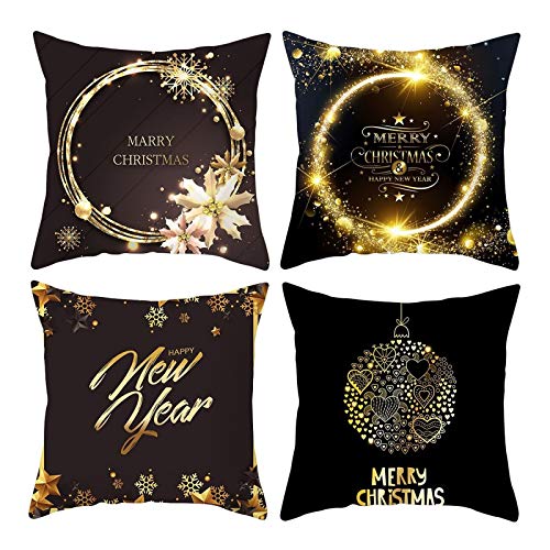Lieson Lot 4 Housse Coussin 50x50, Coussin Taie d'oreiller Noël Noir Or Housse Coussin Deco Canape Coeur de Boule de Flocon de Neige Merry Christmas, Polyester