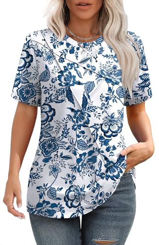Image of XIEERDUO Womens Summer Tops 2026 Pleated Round Neck Short Sleeve Shirts Business Casual