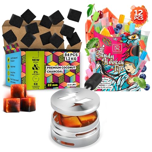 Hookah Coal Holder - Hookah Charcoal Holder – Hookah Heat Management System - 112 pcs Hookah Charcoal Hookah Coals for Hookah Coconut 22mm Cubes - Candy Hookah Tips - 12 pcs Glow in The Dark Jolly Ti