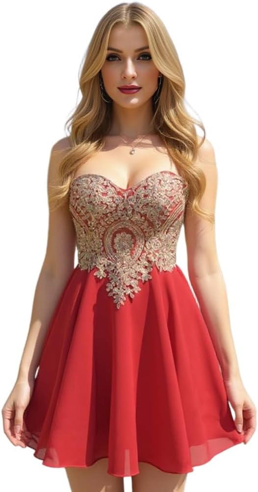 Babyonline Junior's Gold Lace Applique Short Quinceanera Homecoming Dresses