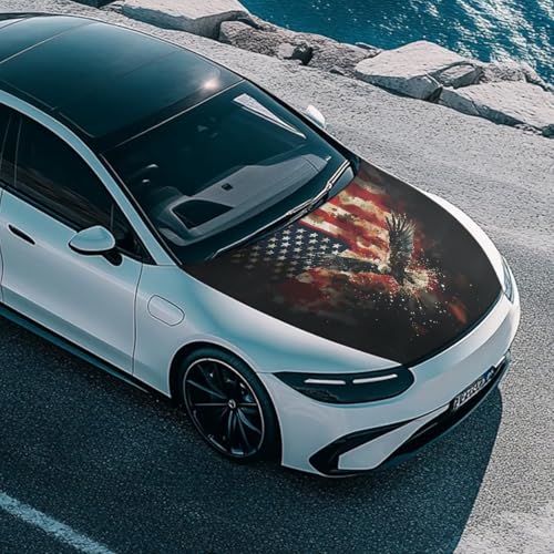 Image of Car Hood Cover, American Flag Eagle Blurred Design, Stretchable Car Hood Protector, Auto Patriotic Decorations, Waterproof Sun-Proof Automotive Exterior Accessories
