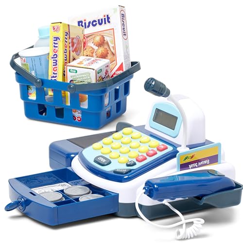 Prextex Pretend Play Electronic Toy Cash Register for Kids - Contains Play Coins, Paper Bills & Credit Card - Teaches Money and Number Calculation - Fun Toy Register for Kids - Blue