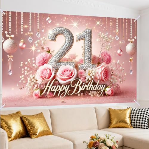 Image of Nuxovilar 21th Birthday Banner - Elegant Pink & Gold Floral Backdrop