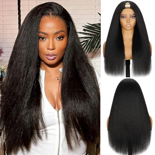 Zojj V Part Wig Human Hair 22Inch Kinky Straight Wigs for Women with Drawstring 220% Density Glueless U Part Upgraded No Leave Out No Sew-in Yaki Straight Half Wig Natural Black