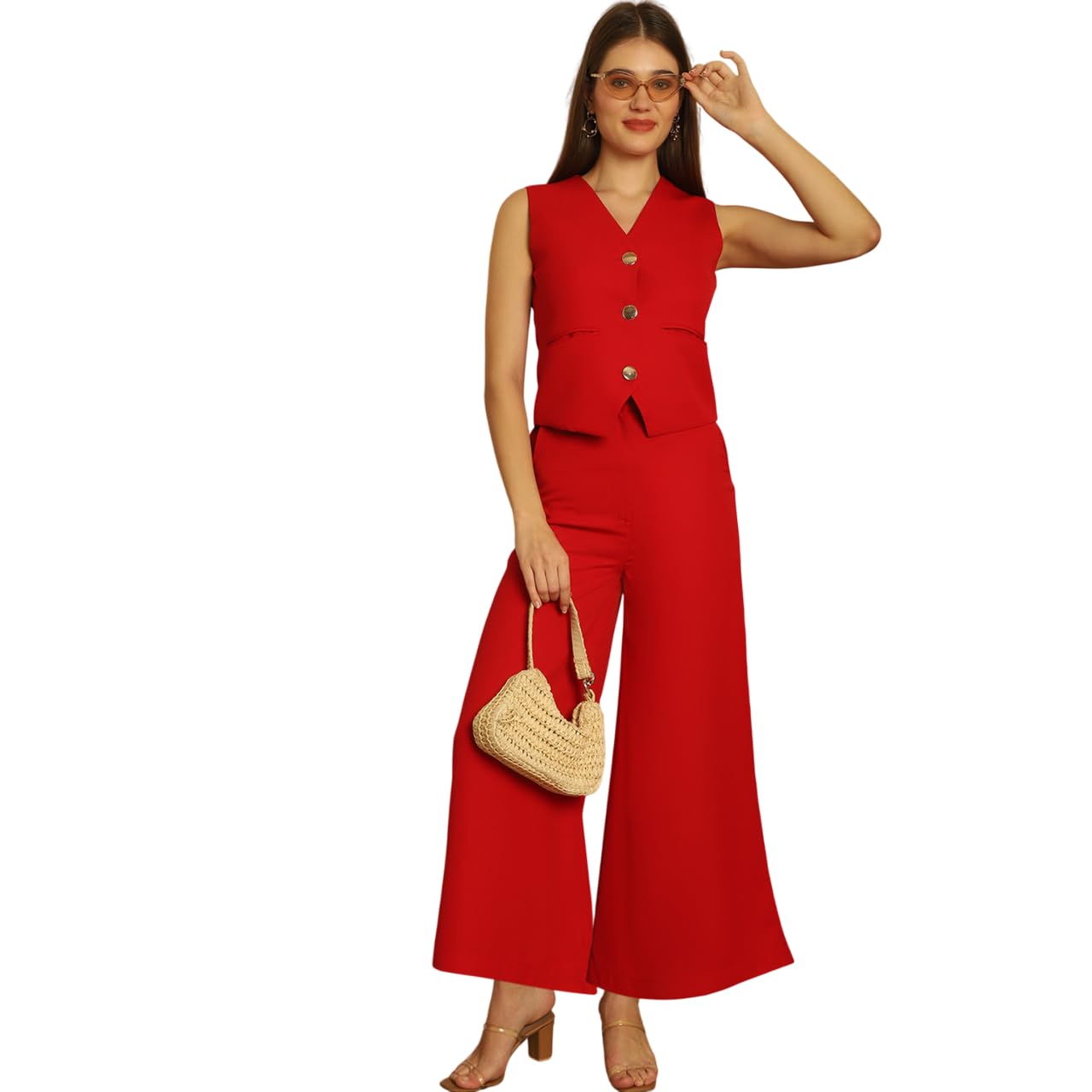 blanc 9 Stylish Womens Polyester Solid Sleeveless V-Neck Regular Fit Co-ord Set | Lightweight & Breathable Fabric | Top with trouser Set-picture-41
