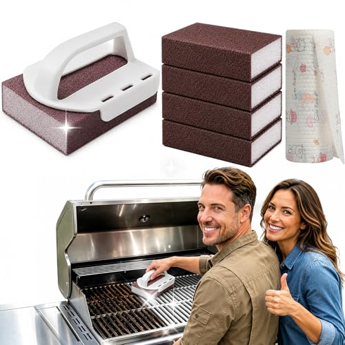 Decontamination Cleaning Brush Magic Cleaning Sponge Nano Carborundum Emery Sponge Scrubber with Handle Carbide Cleaning Brush Rust Eraser Sponge for BBQ Grill Pots and Pans (1 Handle+5 Sponge)