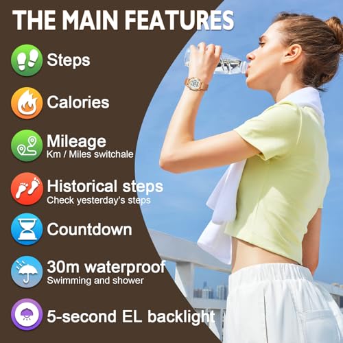 Women's Step Counter Pedometer Watch with Stainless Steel Bracelet, Stylish Design, No App, No Charging Needed for Step, Calorie, Distance, Alarm, Countdown Timer，TU-24012