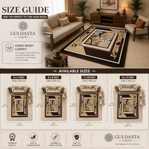 Image of Premium Brown Area Rug 6x8 Feet - Luxury Soft Floral Living Room Carpet Anti-Slip Bedroom Rug